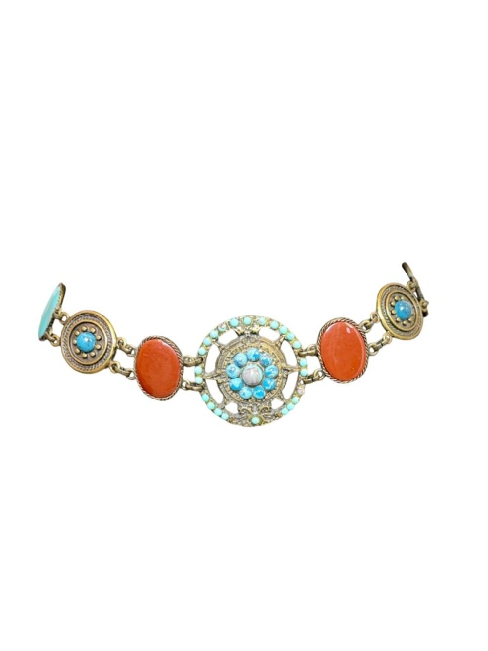 Concha Belt Gold tone orange stones turquoise cabochons - 41" Long - Picture 2 of 3